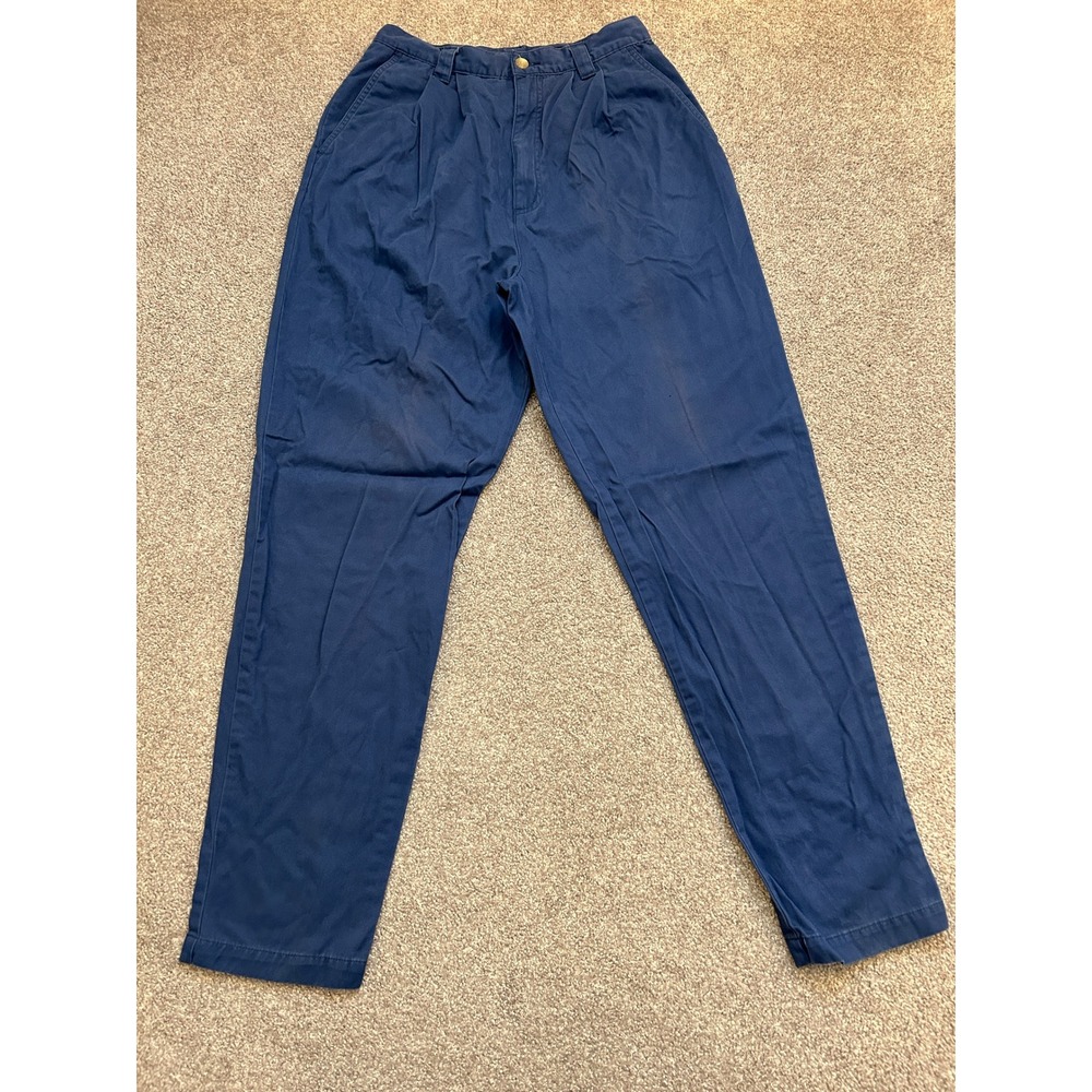 VTG Eddie Bauer Pleated Chinos Womens 12 Navy Blue Good High Rise Tapered Cotton